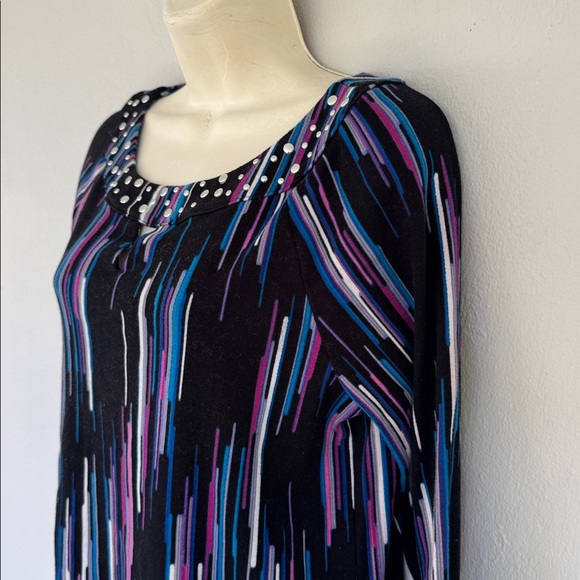 Rafaella purple stripe beaded keyhole neckline 3/4 sleeve cotton top size MP - Picture 7 of 11